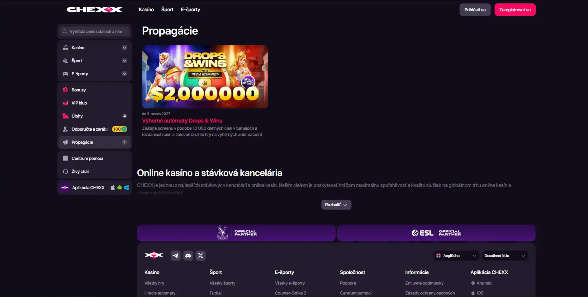 Bonusová a promo sekcia CHEXX