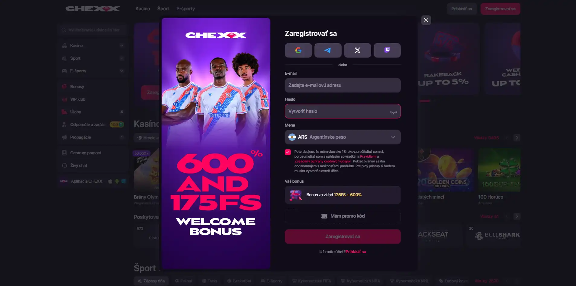 Možnosti registrácie CHEXX cez email, Google, Telegram a WalletConnect