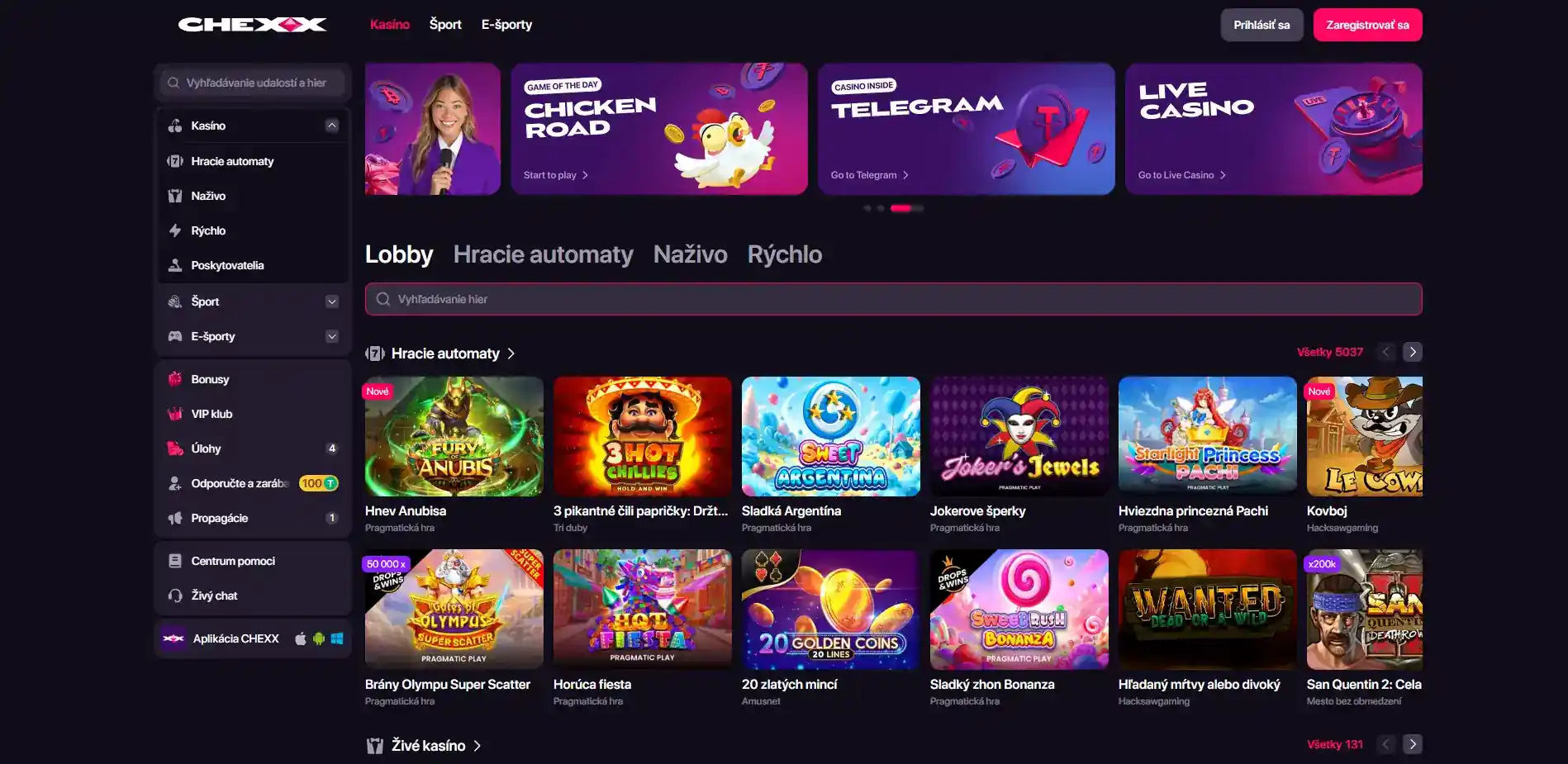 Kasínové lobby CHEXX s kategóriami hier